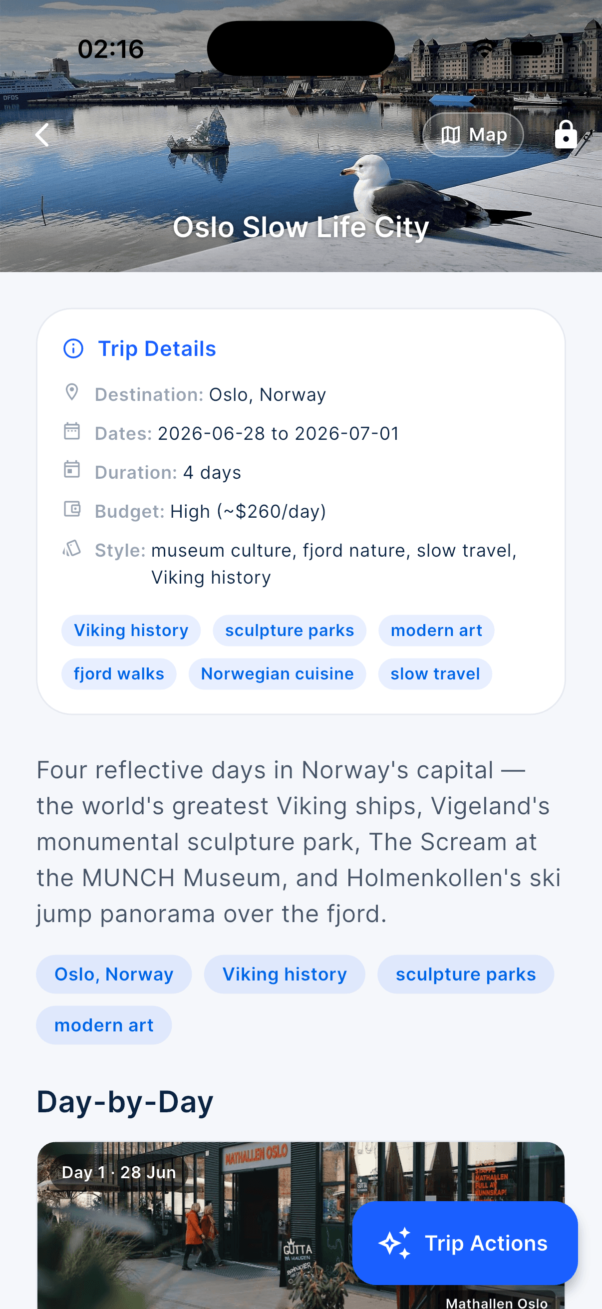 Remsee AI trip planner showing a day-by-day itinerary for Oslo
