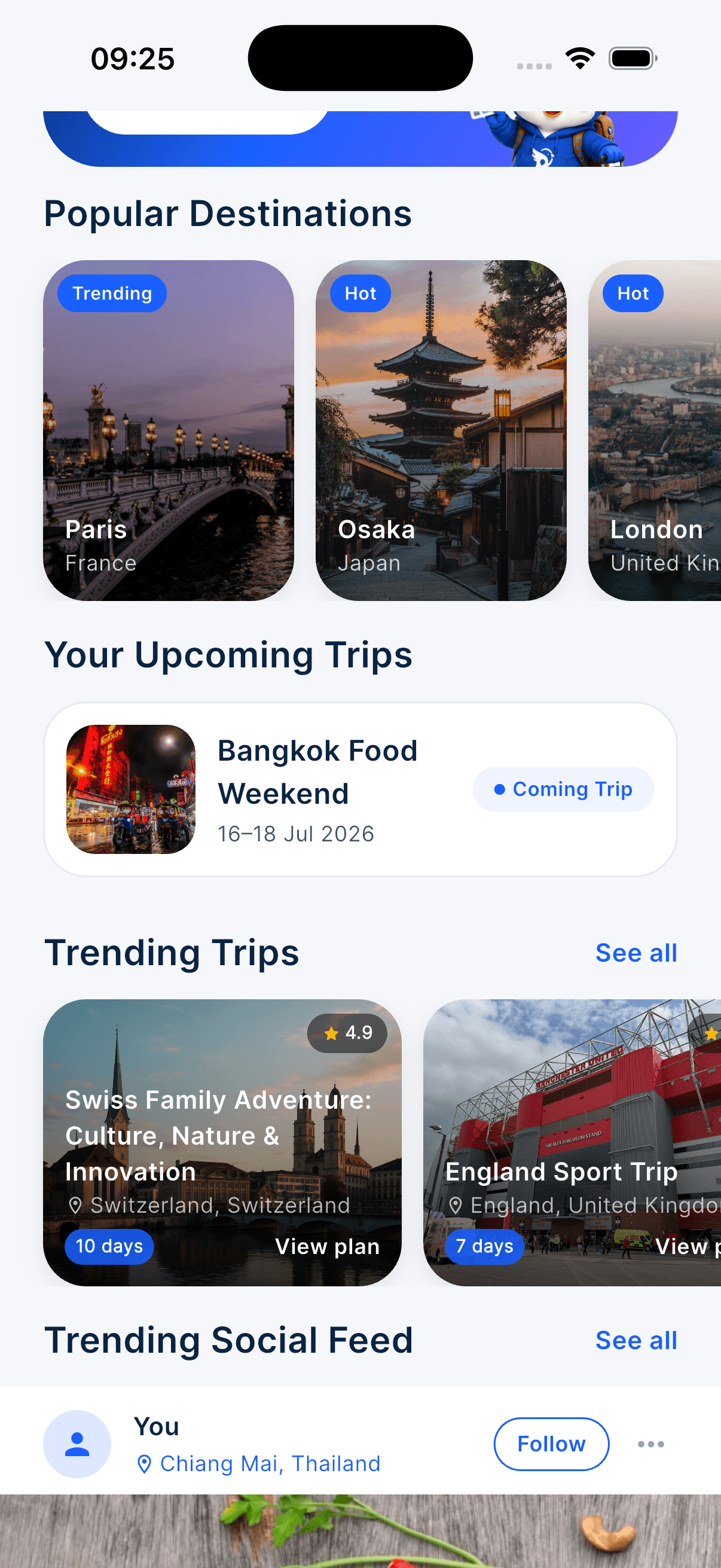 Remsee home screen showing destination cards and upcoming trips