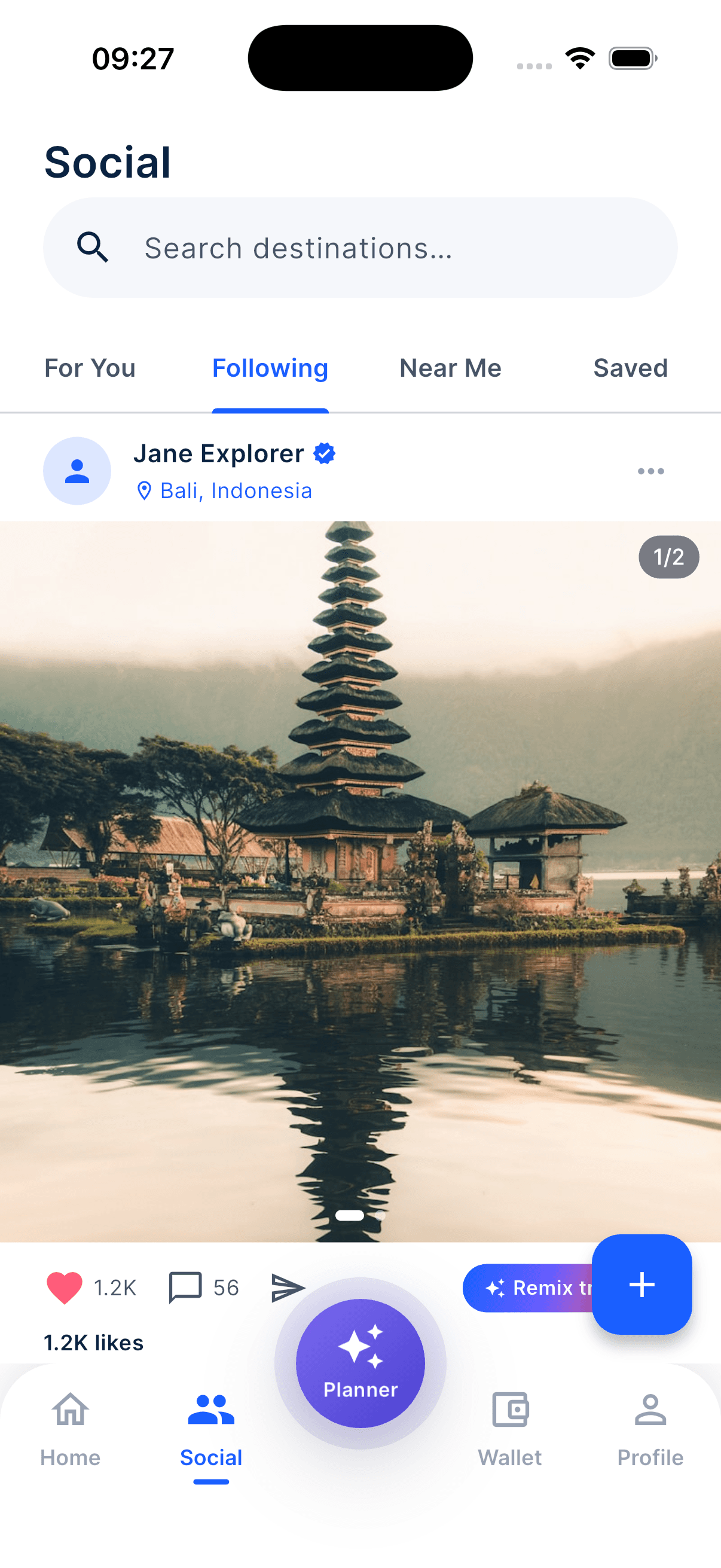 Remsee social feed showing a travel memory from Bali